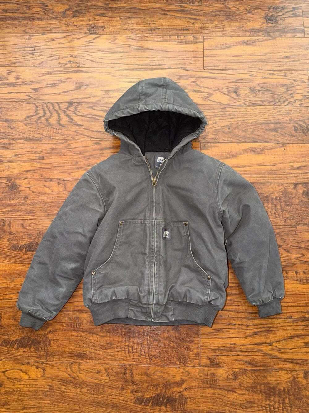 Berne Youth Kids Thermal Lined Canvas Hooded Full Zip Jacket Charcoal Grey Size